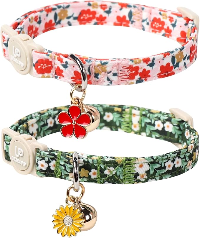 Cat Collar, 2Pack Flower Cats Collars-Cute Summer Breakaway Cat Collar with Bell & Pendant, Pretty Flower Kitten Collars with Safety Buckle for Girl & Boy Cats, 7-12Inch
