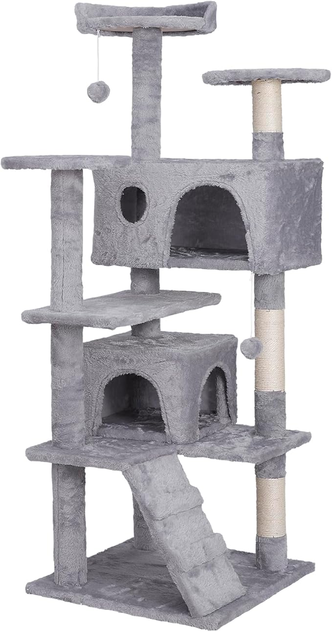 Multi-Level Cat Tree Tower with Condos, 54" Tall Cat Activity Center with Plush Perches and Toys, Space Saving Pet Playhouse for Kittens and Cats (Light Grey)