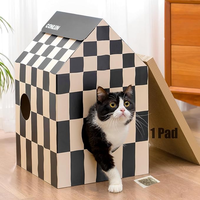 Cardboard Cat House with Scratch Pad & Catnip, Cat Play Scratching House for Indoor Hideaway Furniture, Heavy Duty Sturdy Cardboard Scratcher, Easy to Assemble Birthday Gift, Medium