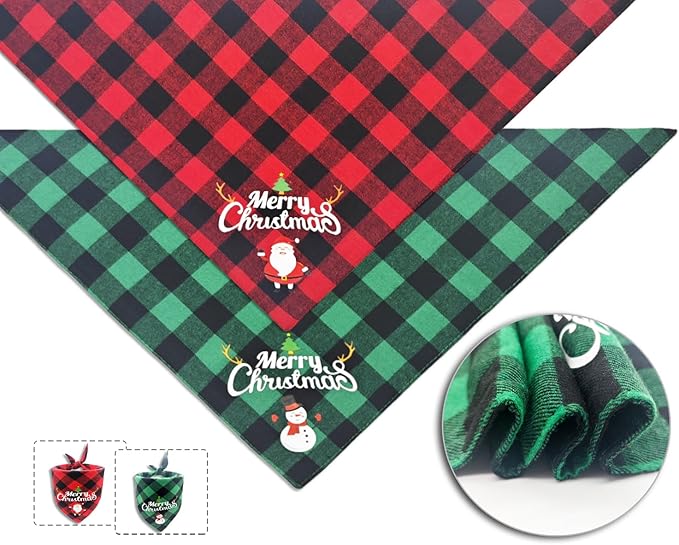 Christmas Dog Bandanas 2PCS-XLarge,Classic Plaid Triangle Holiday Scarf with Santa and Snowman Prints,Winter Pet Outfit for Boy and Girl Dogs,Red Green Plaid Dog Costume for Extra Large Dogs