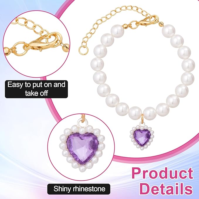 2pcs Cat Pearl Collar with Heart Pendant, Cute Pearl Pet Necklace in Small, Adjustable Wedding Party Small Dog Jewelry Accessories for Puppy Kitten- Green & Purple