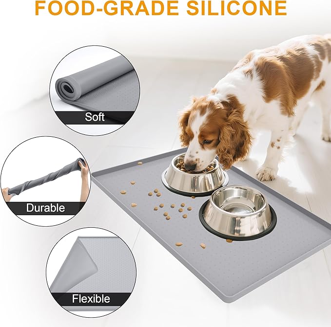 Mofason Pet Food Mat Waterproof Dog Mat 24”x16” Large – 0.5” inch Raised Edge,Pet Silicone Feeding Placemat Water Bowl Tray for Floors, Nonslip Washable Dog Mat for Food and Water