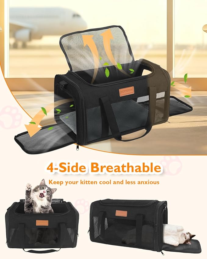 PETUX Airline Approved Pet Carrier - 17x11x9.5 in, Underseat, Top & Side Entry, Soft Sided Cat Dog Carrier for Small Cat & Dog Up to 12 lbs with Breathable Anti-Scratch Mesh for Travel & Vet - Black