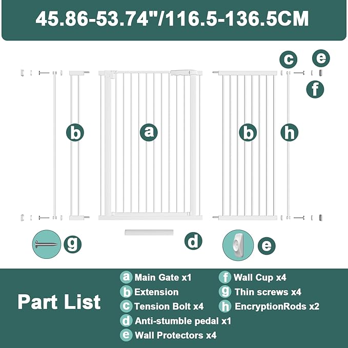 40.55" Tall, 45.86-53.74 Inch Wide, 1.37" Ultra Narrow Spacing Dog Pet Baby Gate Indoor for Doorway Hallway, Pressure Mounted 46 47 48 49 50 51 52 53 Inches Wide