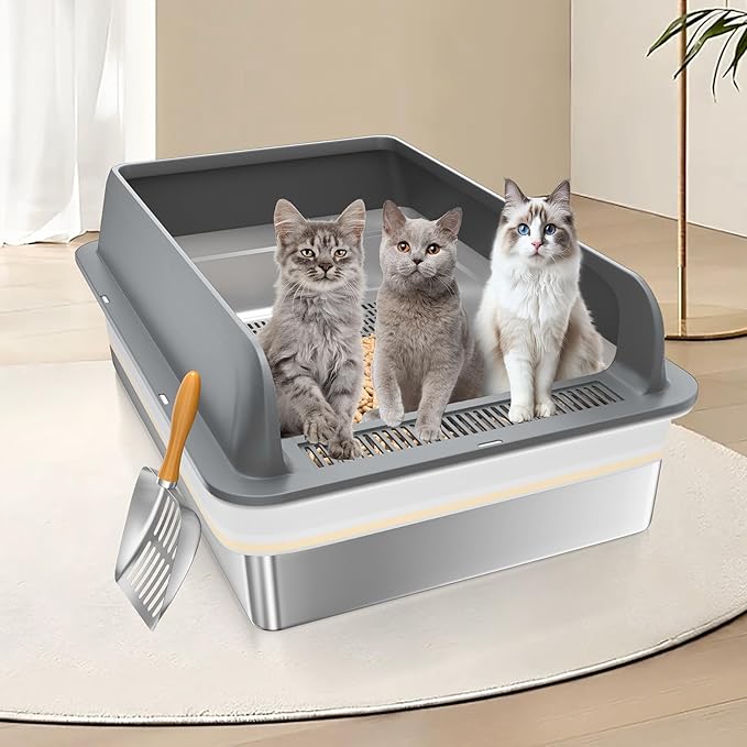 XXXL Stainless Steel Sifting Litter Box with Lid, 28'' L × 20'' W Extra Large Sifting Cat Litter Box for Pine Pellets & Big Cats & Multiple Cats, Metal Pellet Sifter Litter Pan System for Odor Control