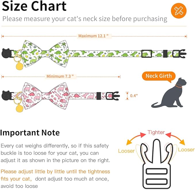 2 Pack Cotton Cat Collar with Bow Tie and Bell for Male Female Cats,Soft Fancy Breakaway Kitty Kitten Collar with Ghost& Pumpkin Patterned Design for Boy Girl Cats. (Dinosaur)