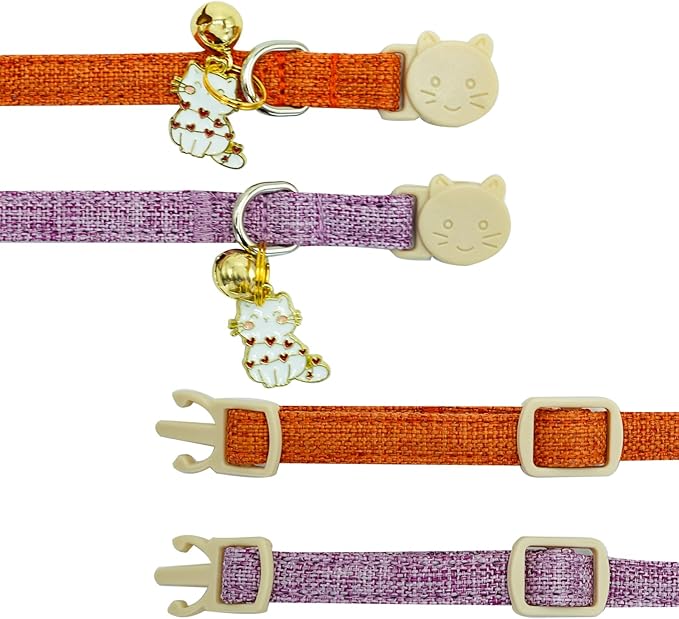 Elegant little tail 2 Pack Cat Collar- Halloween Orange&Purple Linnet Cat Collars Breakaway with Bell Pendant Wedding Kitten Boy Girl Safety Adjustable 7-12 Inch Collar for Small Cats Puppy