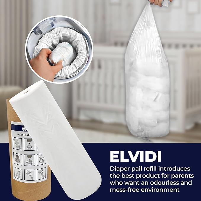 [200M Long] Diaper Pail Refill – Universal for Diaper Disposal Systems | Refill Your Empty Cassette | Fits Diaper Genie, Ubbi & More | Odor-Blocking, Leak-Proof | ELVIDI Brand