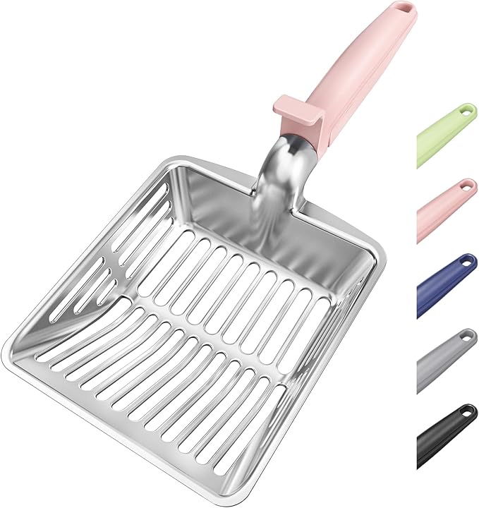 Metal Cat Litter Scoop, Large Cat Scooper with Deep Shovel & Dual Sifting Holes for Fast & Precise Sifting, Space Aluminum Kitty Litter Scooper with Long Handle & Easy-to-Hang Hook - Pink