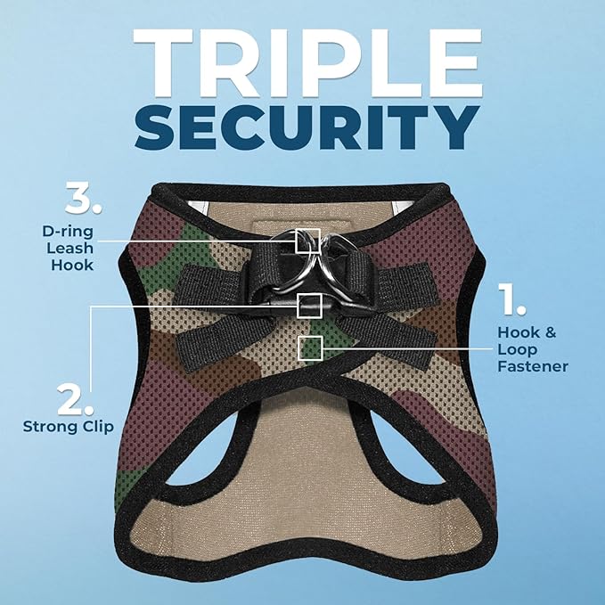 Best Pet Supplies - All Weather Mesh/Plush, Reflective, No Pull Harness for Small, Medium Dogs, Cats - Secure with Hook & Loop Fastener, Buckle, Double D-Rings - Army/Black Trim, L