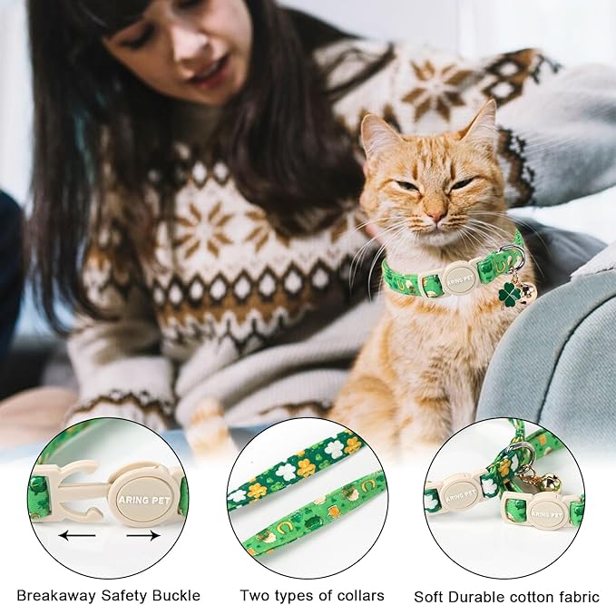 ARING PET 2 Pack St. Patrick's Day Cat Collars-Cute Green Clovers Cat Collar Breakaway with Bell&Pendant, Adjustable Lucky Trefoil Shamrock Kitten Collars with Safety Buckle