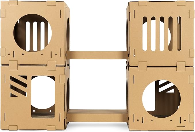 Navaris Modular Cardboard Cat House - DIY Corrugated Cardboard Configurable Play Tower Condo for Small Cats, Kittens, Rabbits - 4 Cubes with 2 Bridges