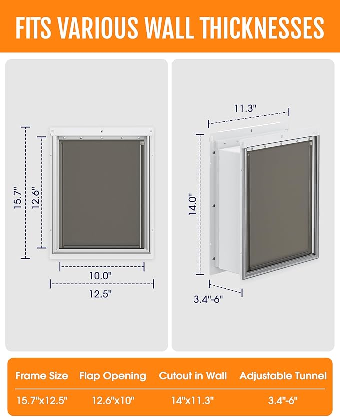 Pet Dog Door for Wall - Robust Steel Pet Door with Magnetic Triple Flaps, 12.6" x 10" Flap Opening, Adjustable Tunnel for 3.4"-6" Thick PVC, Wood, Drywall, for Pets Up to 45lb, White