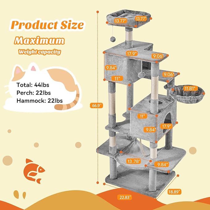 Large Cat Tree 66 Inch, Multi-Level Tall Cat Tree Tower with Condo, Perches, Sisal Scratching Posts and Hammock, Pet Play House with Dangling Balls for Indoor Cats, Light Grey