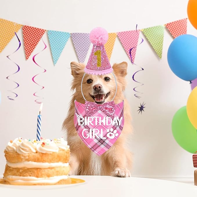 STMK Dog Birthday Outfits, Multi Size Dog Birthday Hat Dog Birthday Girl Bandana Bow Tie Birthday Numbers for Small Medium Dogs Pets (Pink, Small)