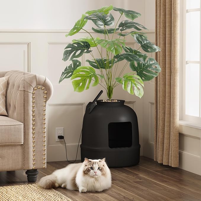 Lifewit Cat Litter Box, Hidden Enclosure Litter Tray with Odor Control System& Carbon Filter in Living Room, Bedroom, Corner with Faux Plant& Plastic Scoop, 48 x 120 cm/19x47, Black