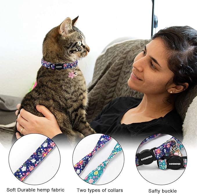 2 Pack Green Flower Cat Collars Breakaway with Bell, DOGWONG Safety Buckle Blue Floral Cute Cat Collar for Girl Boy Cats，Adjustable 7-12 Inch