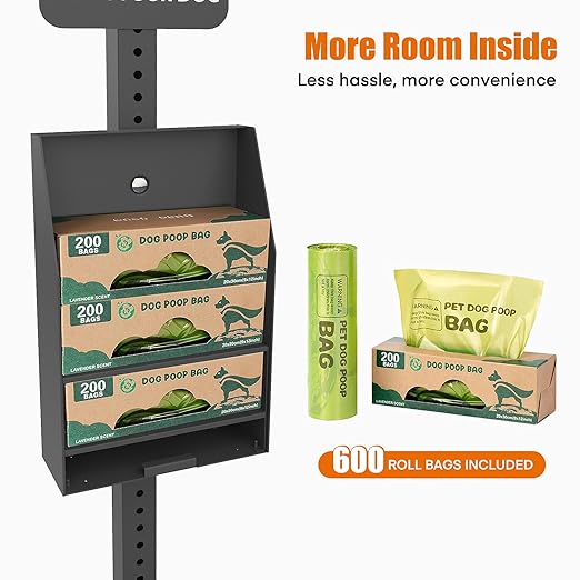 Dog Waste Station Outdoor, Pet Waste Disposal Station Rustproof Aluminum with 10 Gallon Trash Can, 600 Dog Poop Bags & 50 Liners for Parks, Trails, HOA Communities (Black)