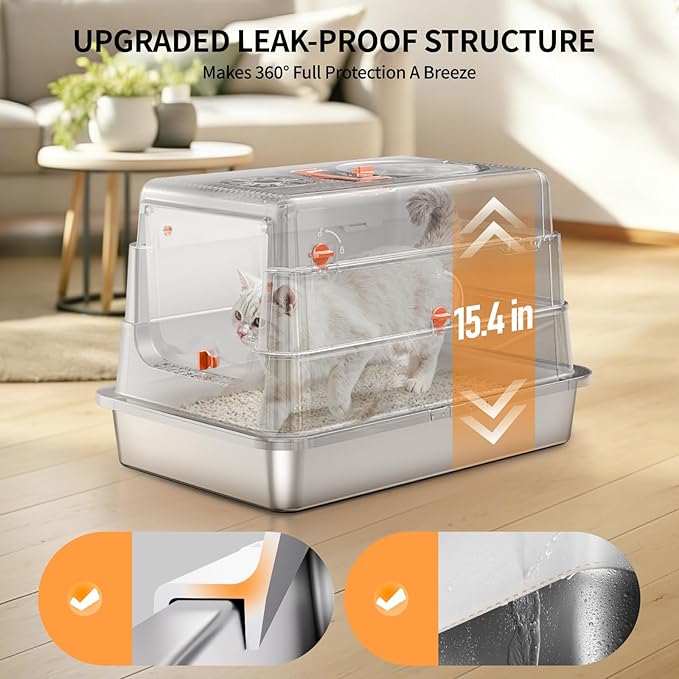 Stainless Steel Cat Litter Box with Lid, Extra Large Enclosed Metal Litter Pan with High Sides, Full Flip Cover Litter Box for Large Cat, Include Scoop & Step, Leak Proof Easy Clean Odor Control, Grey