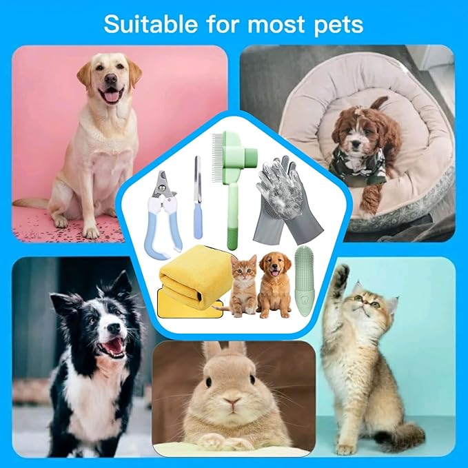 Cat&Dog Grooming Kit-6PCS for Cat Flea Comb, Dog Brush For Shedding,Pet Nail Clippers For Dogs,Pet Grooming Gloves, Dog Finger Toothbrush & Dog Bath Towel- Perfect Cat Grooming Supplies