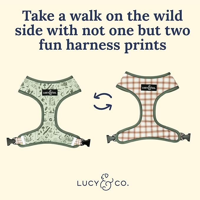 Lucy & Co. Cute Reversible Dog Harness Walking Halter - Best Designer Pet Harnesses for XS - XL Dogs - Padded Adjustable Vest for Easy Walking-Small-Green Outdoor Plaid