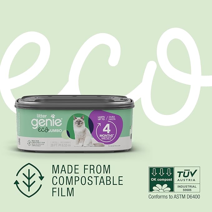 Litter Genie Eco Refills | Compostable Cat Litter Bags Jumbo 2-pack | Up to 4 Months of Supply in 1 Cartridge