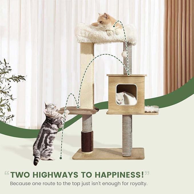 Cat Tree Tower, 41.7 in Wood Cat Condo with Sisal-Covered Scratching Posts and Plush Pom-pom, Multi-Level Climbing Cat Furniture with Jump Platform for Indoor Cats, Beige