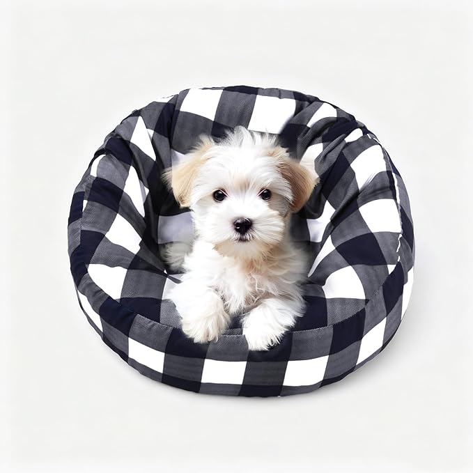 Round Dog Bed Cover Washable Elastic Edged Pet Bed Protector with Black Lattice Pattern Design for Medium & Small Pet Beds, Cover Only (Lattice, 20×9.8 Inch)