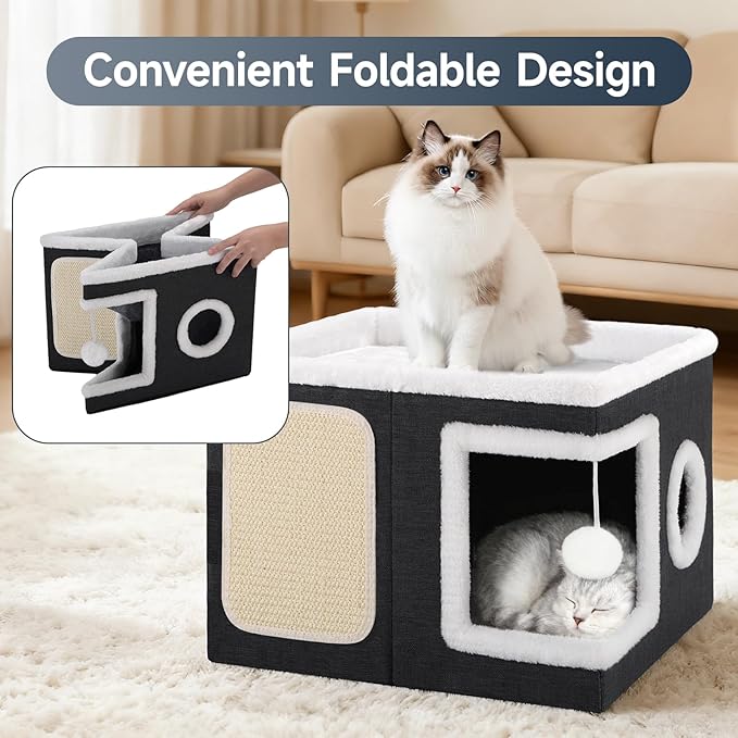 Shikha Cat Beds for Indoor Cats, Large Cat Cave with Cozy Condo, Fluffy Ball, Round Window, Foldable Indoor Cat House Hold Up to 30LBS, Cat Hideaway with Reversible Cushions for All Seasons, Black