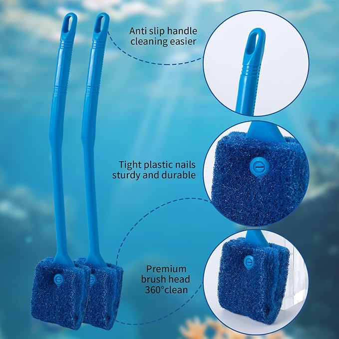SLSON Aquarium Algae Scraper Double Sided Sponge Brush Cleaner Long Handle Fish Tank Scrubber for Glass Aquariums and Home Kitchen,15.4 inches (2)