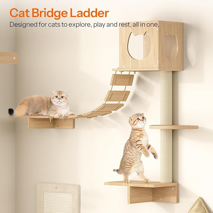 HOOBRO Wood Cat Wall Shelves, Set of 5 Modern Cat Wall Furniture with Corridor, Plush Hammock, Steps, Scratcher and Climbing Shelves for Playing, Sturdy, Durable and Safe, Natural NL45CS03