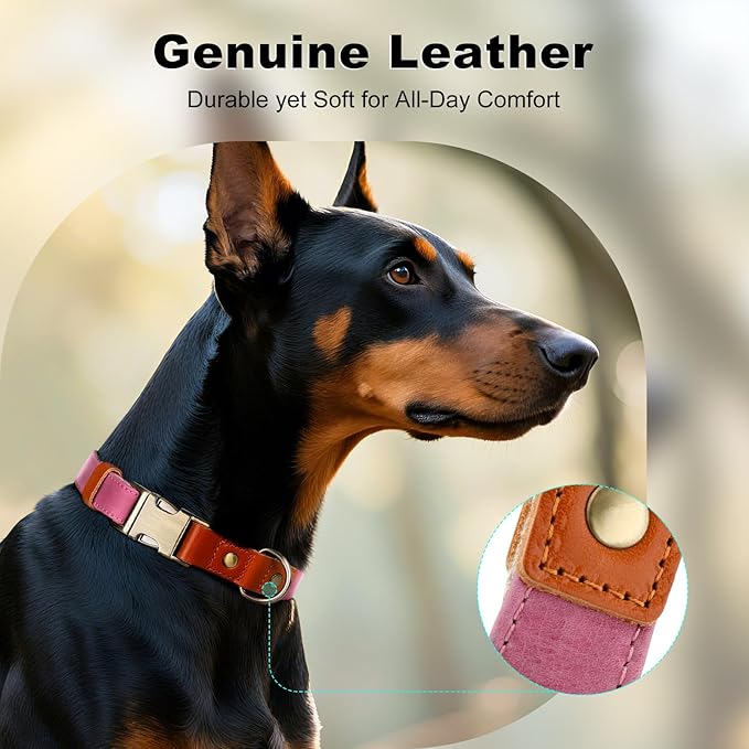 Plutus Pet Genuine Leather & Hemp Dog Collar – Adjustable Heavy Duty Pet Collar with Quick Release Metal Buckle, Soft & Stylish for Puppy and Small, Medium, Large Dogs (Pink, L)