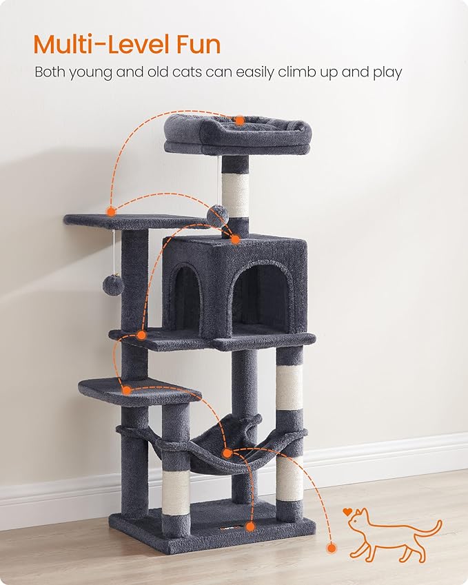 Feandrea Cat Tree, 44.1-Inch Cat Tower, Plush Multi-Level Condo with 4 Scratching Posts, 2 Perches, Hammock, Cave, Smoky Gray UPCT261G01