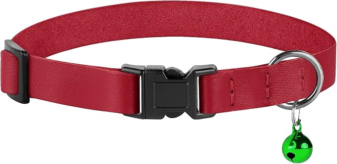 Breakaway Cat Collar with Bell - Leather Adjustable Kitten Collars with Safety Quick Release Buckle - Soft Small Pet Collars for Girl & Boy Cats (Red)