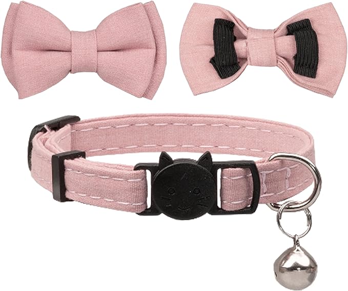 Collar for Cat Pet Breakaway with Bell Bowtie Detachable Bow Adjustable Safety Kitten Puppy Girl Boy 2pcs Pink Leopard & Pure