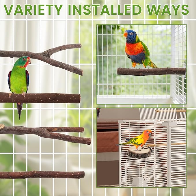 BILLIOTEAM 9PCS Apple Wood Bird Perches, Natural Parrot Stand & Chewing Toy with Multi-Branch, Straight Perch Stand, Platform & Climbing Rope, Cage Accessories for Parakeets, Cockatiels, Budgies