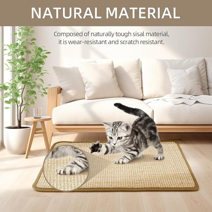 Cat Scratcher Mat [2-Pack], 23.6 X 15.7 Inch, Natural Sisal Cat Scratch Mats, Horizontal Cat Floor Scratching Pad Rug with Sticky Tapes, Protect Couch and Carpets (Natural Color)
