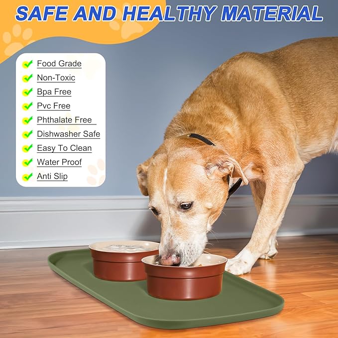 Silicone Pet Feeding Mat with Raised Edge for Food and Water, Dog Bowl Mats, Cat Bowls Placemat with High Lip for Floor Waterproof, Rubber Tray for Cats and Dogs 19 x 12 x0.7 Light Olive Green