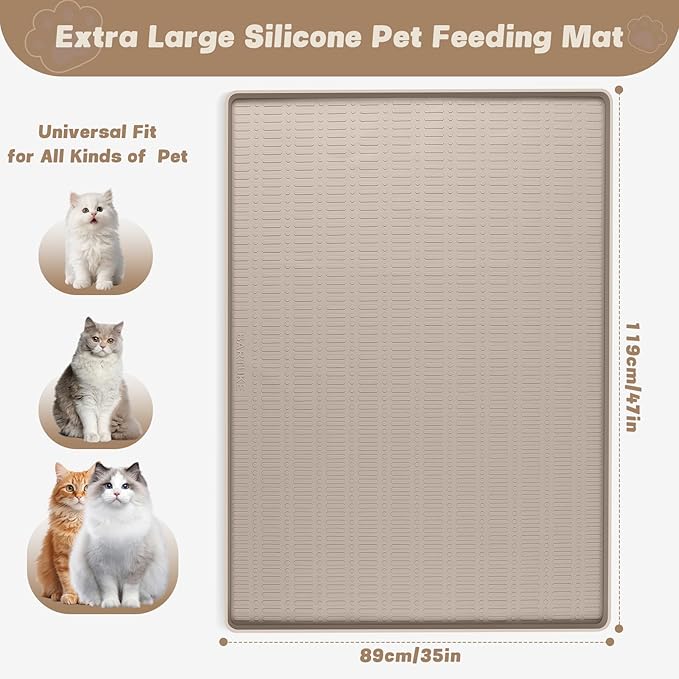 47" x 35" Silicone Cat Food Mat, Waterproof Pet Feeding Mat with Raised Edge, Extra Large Cat Bowl Mat Water Bowl Placemats for Cats, Non-Slip, Protects Floors, Easy to Clean (Beige