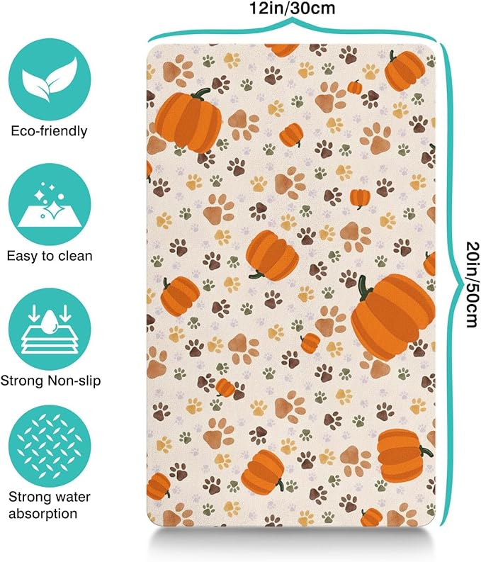 Fall Pumpkin Dog Food & Water Mat, Paw Prints Autumn Pet Feeding Mat for Floor Non-Slip Waterproof, Super Absorbent Cat Bowl Mat, Easy to Clean Eco-Friendly Durable Pet Placemat,12" × 20"