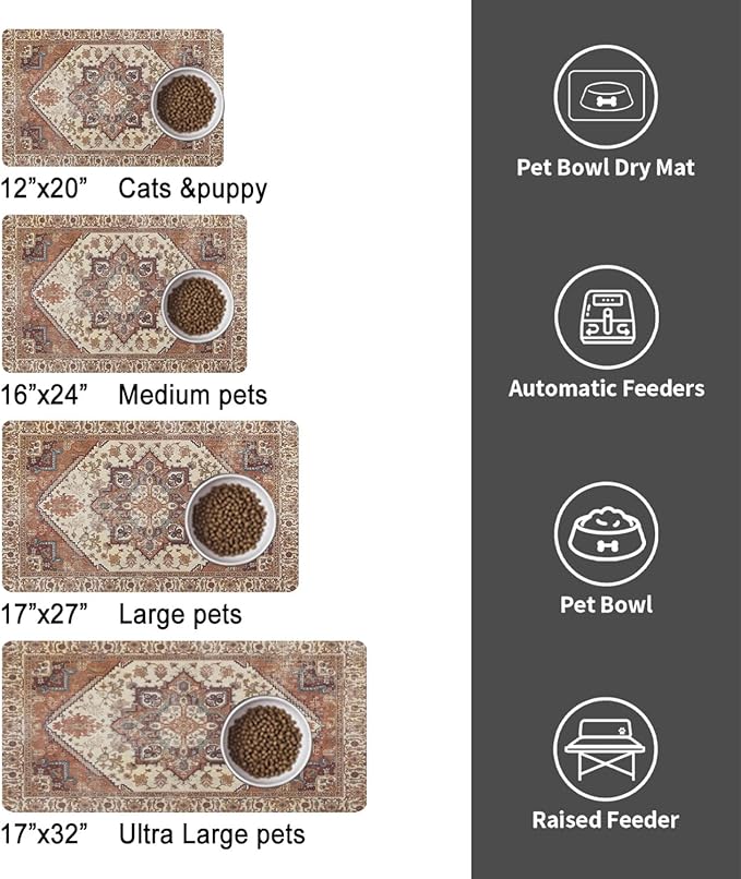 Dog Food Mats for Floors, Absorbent and Quick-Drying Pet Cat Food Mat,Anti-Fouling and Easy-to-Clean Pet Feeding Mat,Dog Bowl Mat for Messy Drinking Water Bowls.12 x20, Bohemia Style
