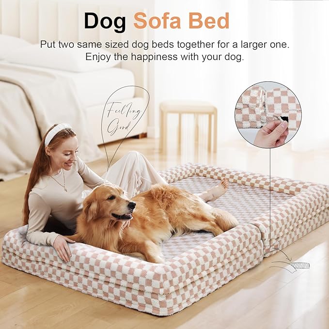 Large Dog Bed Orthopedic Washable: Beds Bolster XL Bed Medium Large Dogs Egg Crate Foam Couch Sofa Waterproof with Removable Cover - Pink Grid