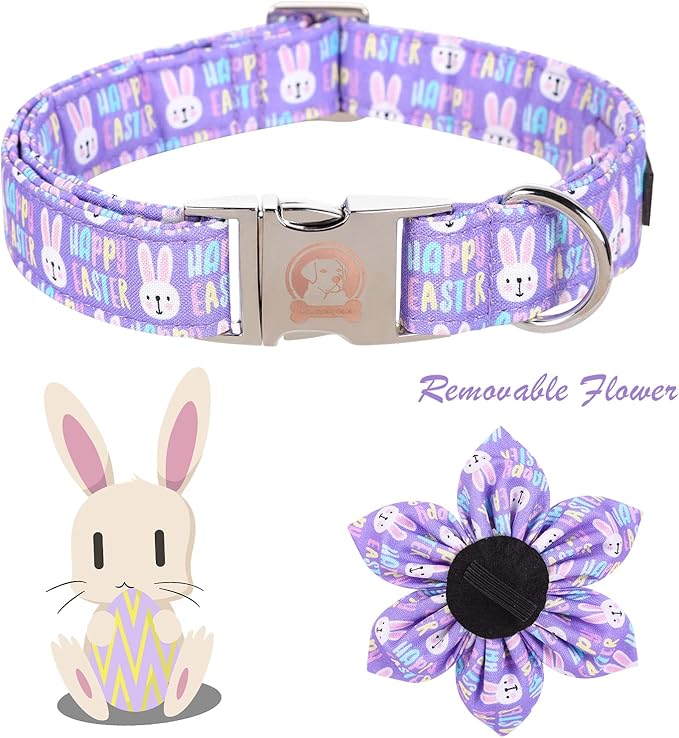 MR. CHUBBYFACE Easter Dog Collar, Purple Rabbit Pet Collar with Flower, Adjustable Puppy Collar Bowtie for Small Medium Large Dogs