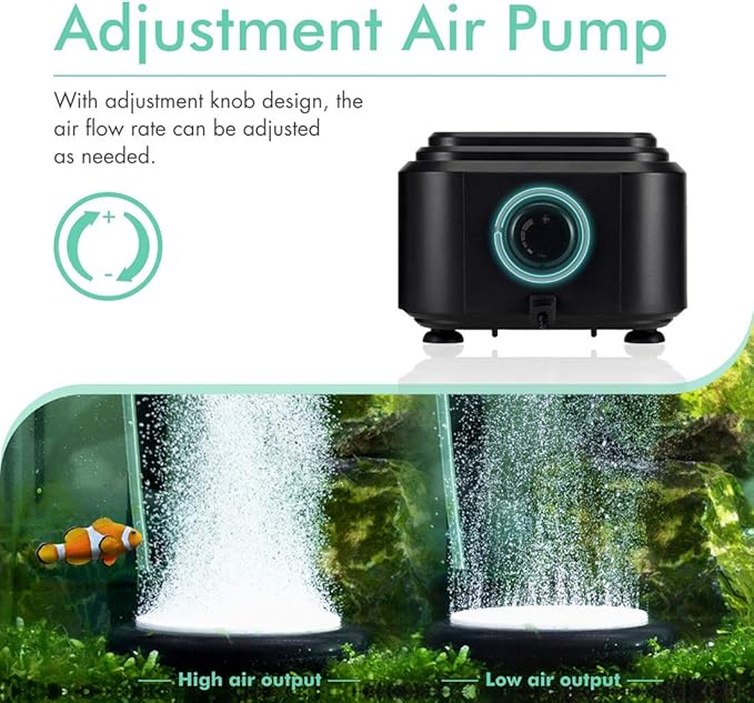 hygger Quiet <30dB Aquarium Air Pump, Adjustable Low Decibel Oxygen Fish Tank Pump 2 Air Outlets Ultra Silent Powerful Aerator Pump with Accessories Max 80GPH/160GPH/255GPH(10W, Up to 600Gallon)