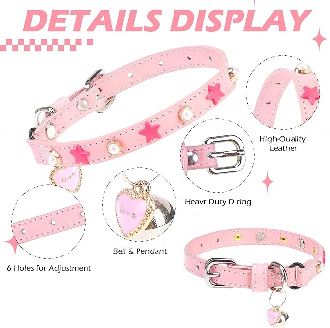 EXPAWLORER Leather Cat Collar for Girl Boy- Adjustable Pet Collar with Safety Elastic Belt,Personalized Star & Pearl Accessories Buckle Collars with Bell & Durable D-Ring,Pentagram (Pink)