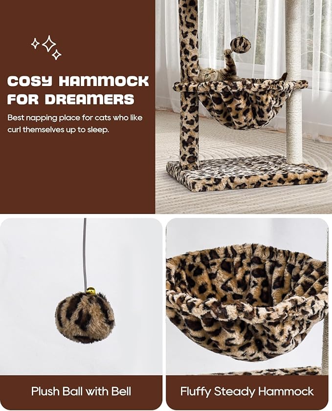 SYANDLVY Small Cat Tree for Indoor Cats, Unique Cheetah Leopard Print Cat Tree Tower for Kitties, Condo Furniture with Hammock & Sisal Scratching Posts