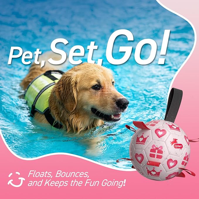 QDAN Valentines Gift Dog Toys, Pink Soccer Ball with Straps, Interactive Tug of War Toy, Puppy Birthday Gifts, Water Toy, Durable Dog Balls for Medium Large (8 Inch)