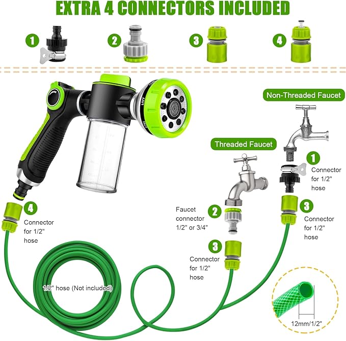 Dog Washing Hose Attachment, 8-in-1 Sprayer Mode Garden Hose Nozzle with Pet Bathing Brush and 100cc Soap Dispenser Bottle, Adopted in Watering Flowers, Car Wash, Dog and Horse Showering (Green)