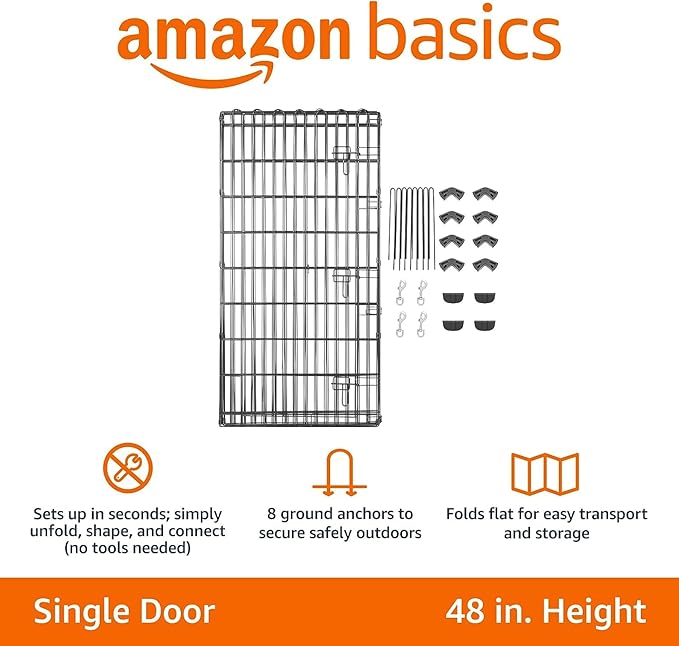 Amazon Basics Foldable Metal Indoor/Outdoor Dog Playpen, Octagonal Exercise Pen, Single Door, 8 Panels, 48 Inch Tall, X-Large, 60 x 60 x 48 Inches, Easy to Assemble, Black