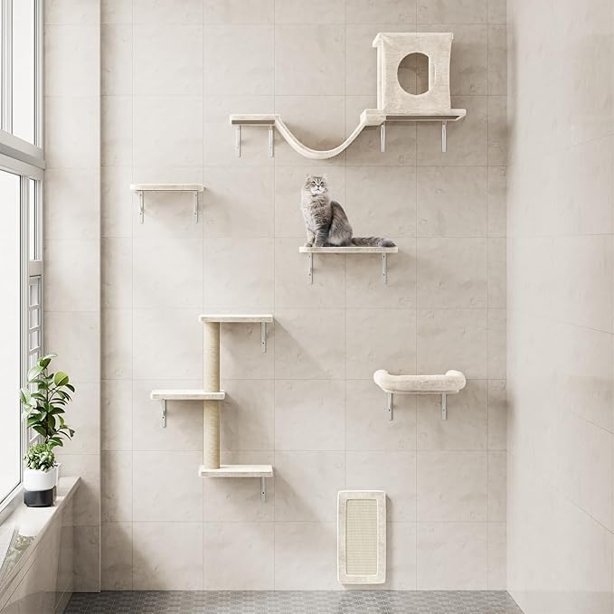 6-in-1 Cat Wall Shelves, Wooden Climbing Wall with Scratching Post, Wall Mounted Cat Furniture for Climbers, Space-Saving Cat Wall for Play & Rest, Drywall & Solid Walls